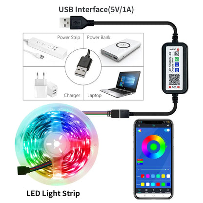 5M USB Led Strip Lights RGB 2835 60 LED Bluetooth APP Control Luces Led Flexible Diode Decoration For Living Room Lamp Ribbon