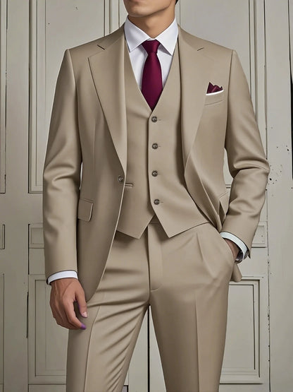 Men's Smart Casual 3-Piece Suit Single Breasted Solid Slim Fit Elegant Office Party Wedding Set