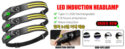 Czołówka USB, ładowalna, indukcyjna, z czujnikiem COB LED, wbudowana bateria, latarka, 5 trybów świecenia, reflektor