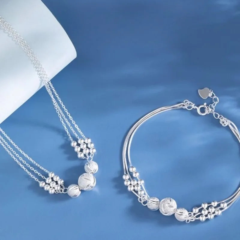 925 Sterling Silver Ball Necklace Bracelet Set for Woman Luxury Original Multi Layer Beads Jewelry Set Party Exquisite Jewelry