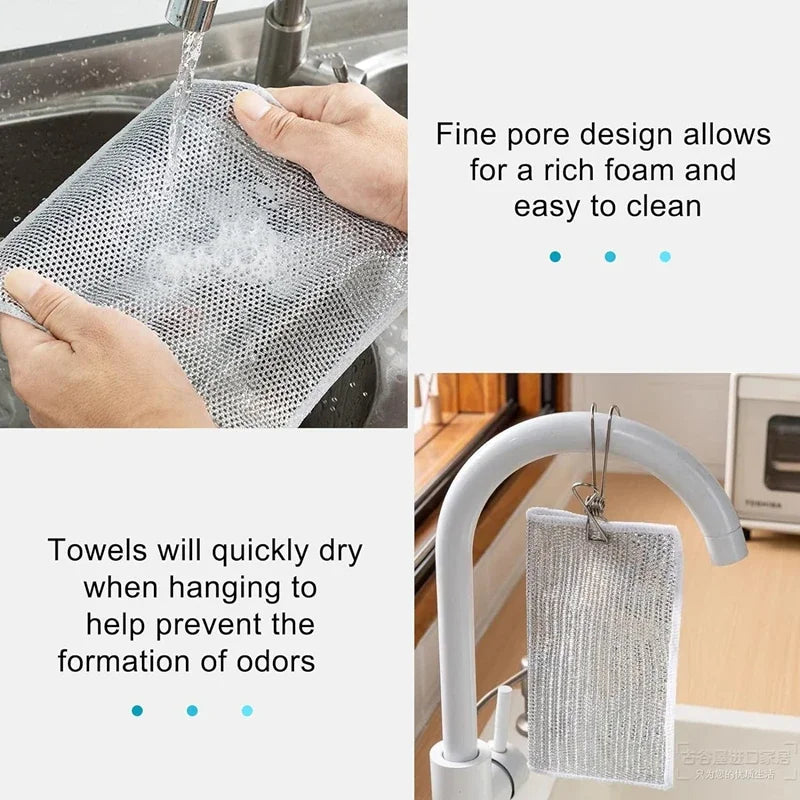 5-30 PCS Magic Dishcloth Silver Wire Cleaning Kitchen Cloth Thickened Microfiber Wash Towel Built-in Sponge Steel Wire Ball Rag