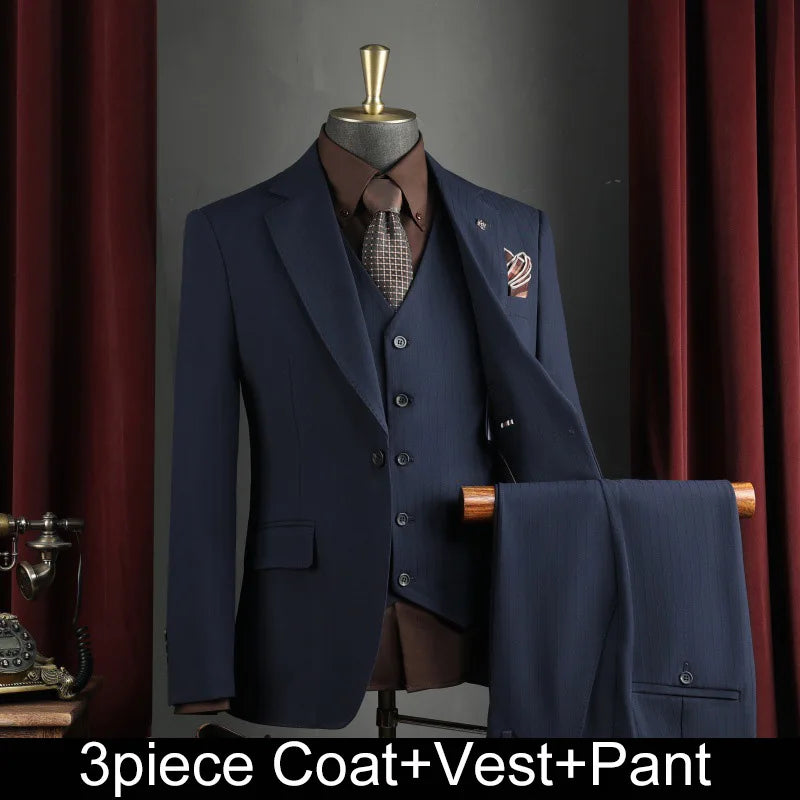 Men Suit Outfit Simple Solid Turn Down Collar Blazer Man Single-breasted Vest Straight-leg Pant Male Slim Wedding 3-piece Set