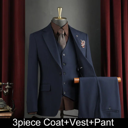 Men Suit Outfit Simple Solid Turn Down Collar Blazer Man Single-breasted Vest Straight-leg Pant Male Slim Wedding 3-piece Set