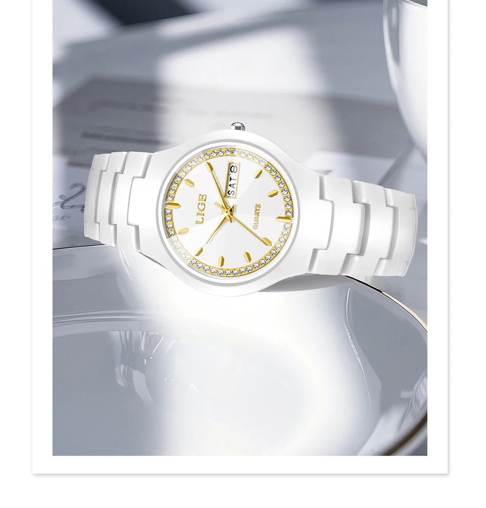 LIGE Women's wristwatch elegant women's watch ceramic quartz waterproof clock week calendar fashion Watch for Women reloj mujer