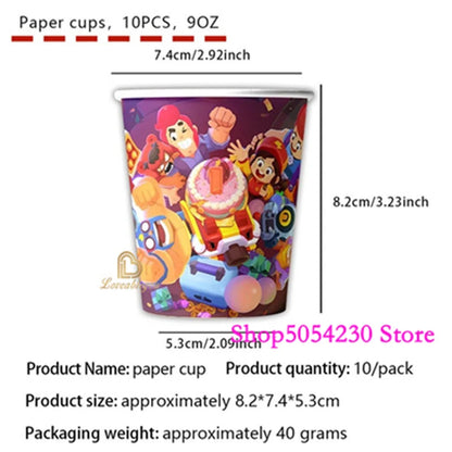 Brawl Stars Happy Birthday Party Supplies Set Cartoon Game Theme Tableware, Paper Plates & Backdrop Decorations for Celebrations