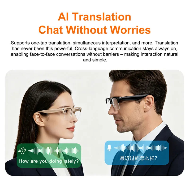 Semi-frame 1200W Pixel Camera Glasses with AI Voice Translation Smart Bluetooth Features Includes 3 Lense Travel Office