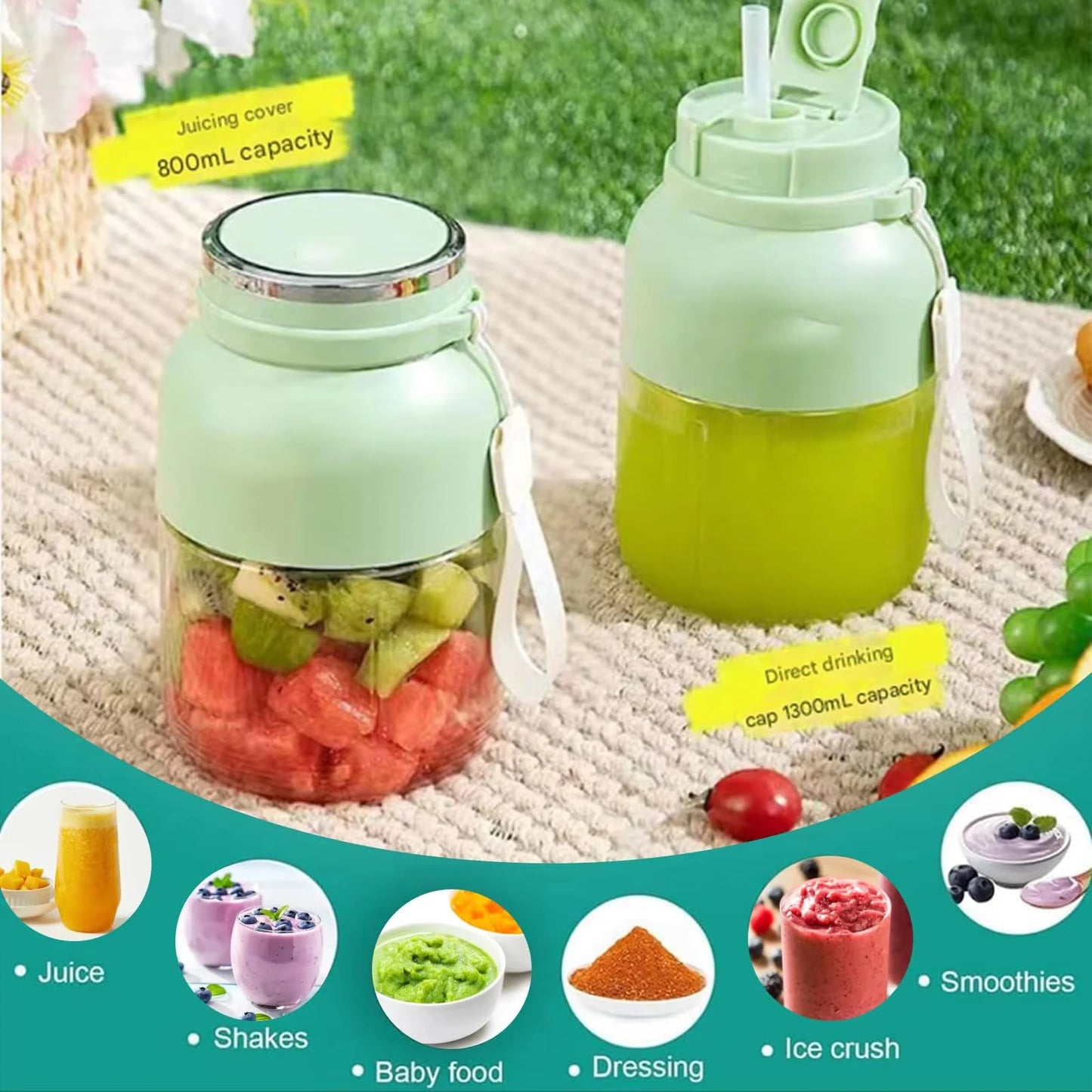 Portable Electric Citrus Juicer and Smoothie Blender, 28 Ounce Portable Fresh Juicer with Straw and 2 Lids, Mini Fruit Blender