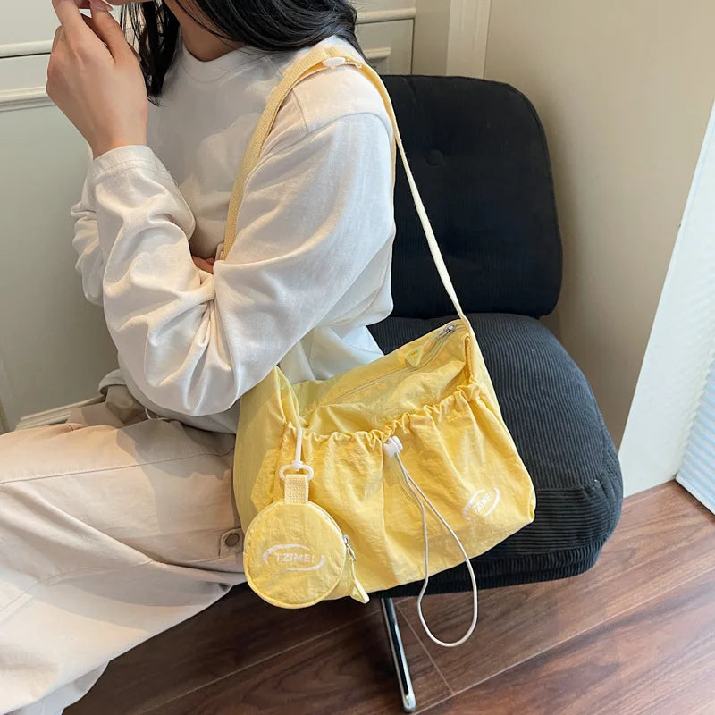 Chic Nylon Crossbody Bag Casual Drawstring Messenger Bag with Detachable Pouch, Adjustable Strap Shoulder Purse for Daily Travel