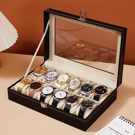 1pc Watch Organizer - 12-Slot Display Case with Lock & Removable Pillows | Synthetic Leather Storage for Men/Gifts/Travel
