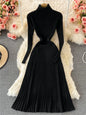 SINGREINY Women Pleated Knitted Dress Turtleneck Long Sleeve Elastic Slim Pencil Dress Autumn Winter Sexy Bodycon Sweater Dress
