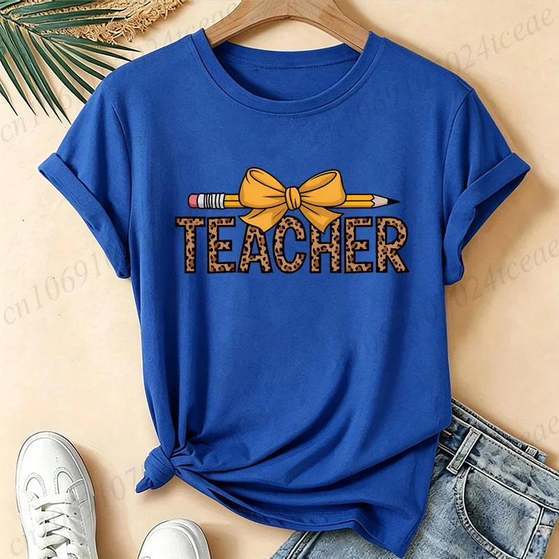 Leopard Teacher Pencil Bow Graphic T Shirt Women Teacher Appreciation Gift Casual Tops Short Sleeve Women's T-Shirts Clothing