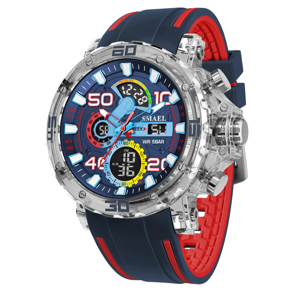 SMAEL 8136 Dual Display Military Watch for Men - 50M Waterproof LED Alarm Chronograph Stopwatch Shock Resistant