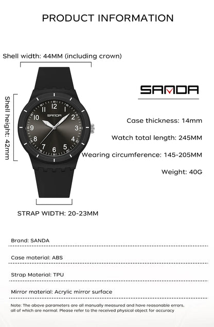 SANDA New Fashion Man Sports Watches Unisex Quartz Watch Simple Waterproof 50M Night Light Men Woman Student Gift Silicone Watch
