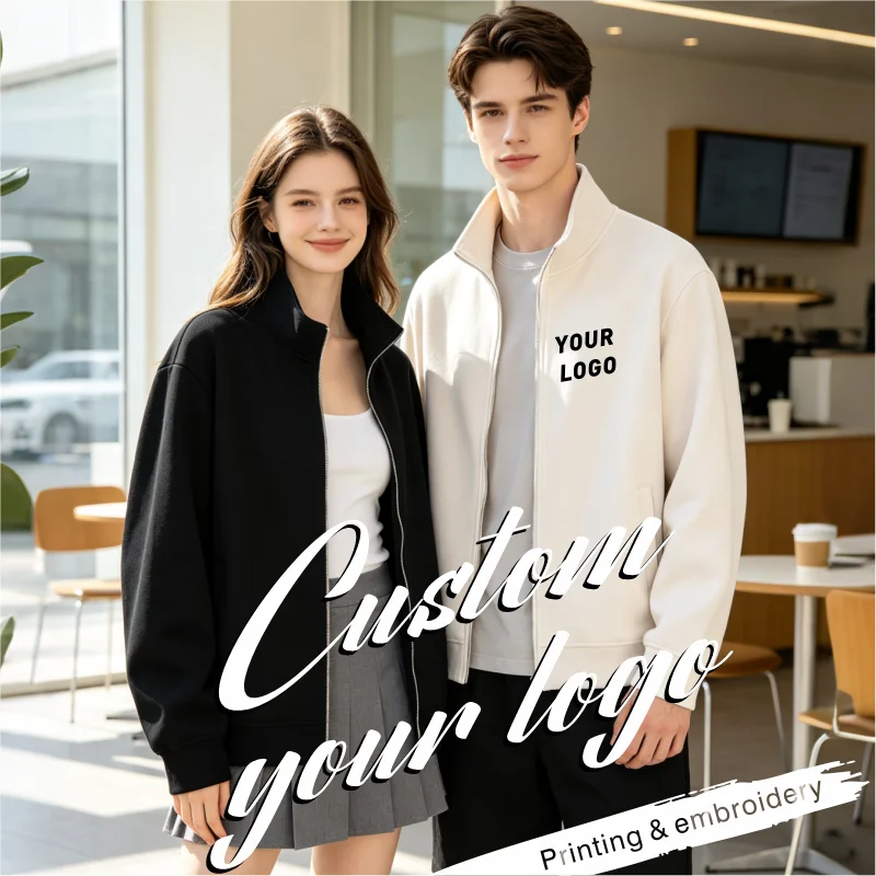 Custom Logo Jacket Unisex Zip Up Stand Collar Sweatshirt Personalized Printing Embroidery Casual Workwear Jacket for Men Women