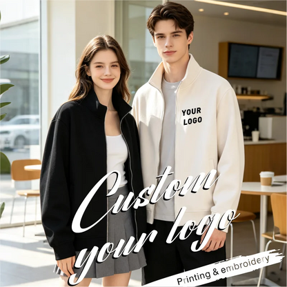 Custom Logo Jacket Unisex Zip Up Stand Collar Sweatshirt Personalized Printing Embroidery Casual Workwear Jacket for Men Women