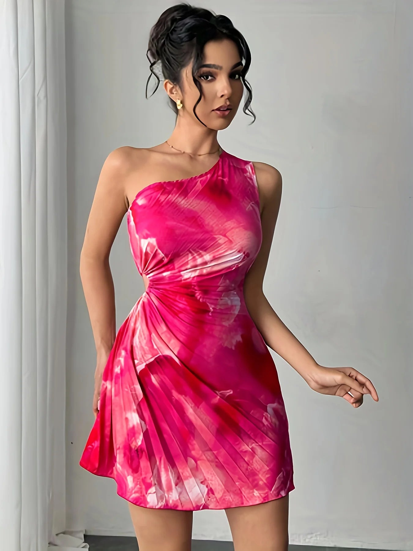 Summer Elegant Ink Print Smudge Cut-out Waist Dress Slanted Shoulder Collar Pressed Pleated Women's Dresses