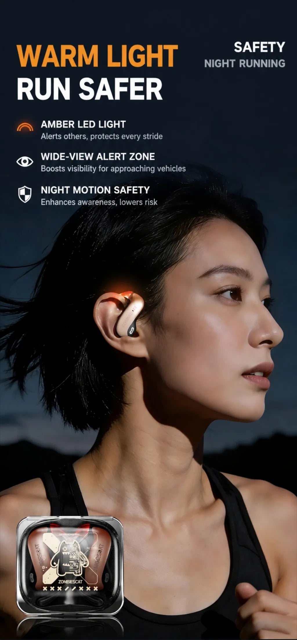 ZOMBIECAT B22 Open Ear Wireless Earbuds Bluetooth 6.0 14mm Driver Sport Headphones LED Light AI Translation for Running Cycling