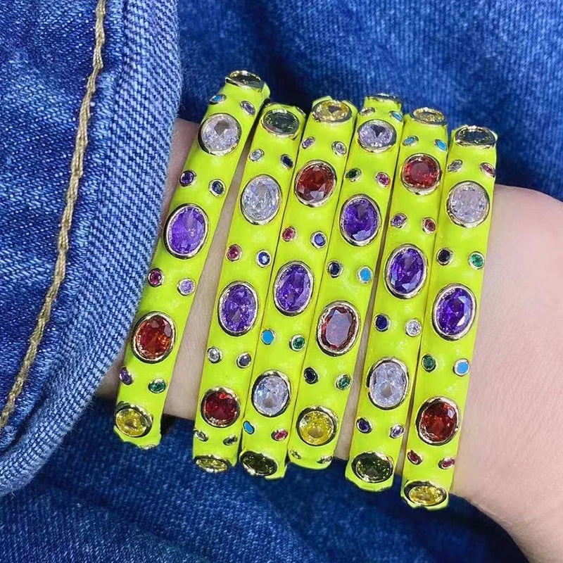 Fashionable Multicolor Gold Plated Gemstone Charm Bangle,Fine Colorful Enamel Open Adjustable Bracelet Jewelry Supply  Q35