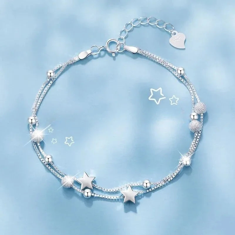 2pcs/set 925 Sterling Silver Heart Bracelet Necklace Jewelry Set for Women Korean Adjustable Charm Bracelet Luxury Party Jewelry