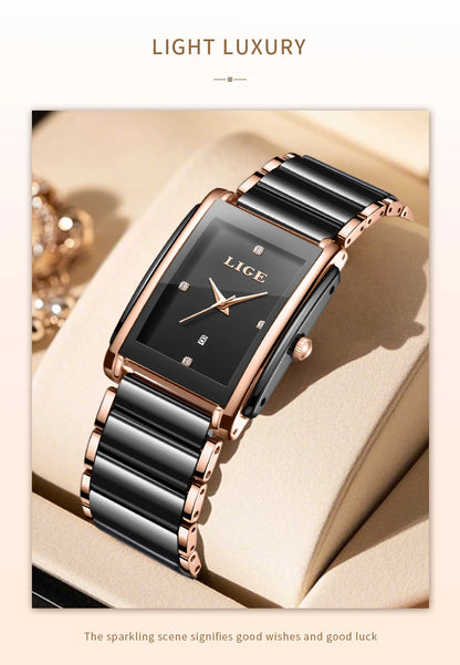 LIGE Creative Square Watch For Women Fashion Elegant Women's Bracelet Watch Stainless Steel Waterproof Date Quartz Wristwatches