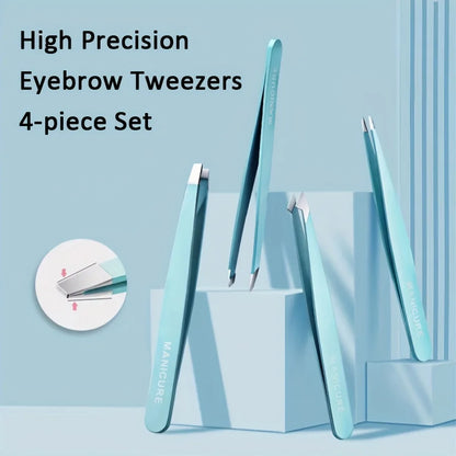 Eyebrow Tweezers 4 Pcs Set & Fine Hair Puller Stainless Steel Slanted Tips Non-Slip Grip Handle Precision Brow Trimmer