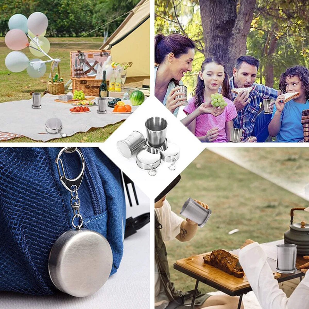 Stainless Steel Folding Cup Portable Water Drinking Cup Retractable Telescopic Collapsible Cups For Outdoor Travel With Keychain