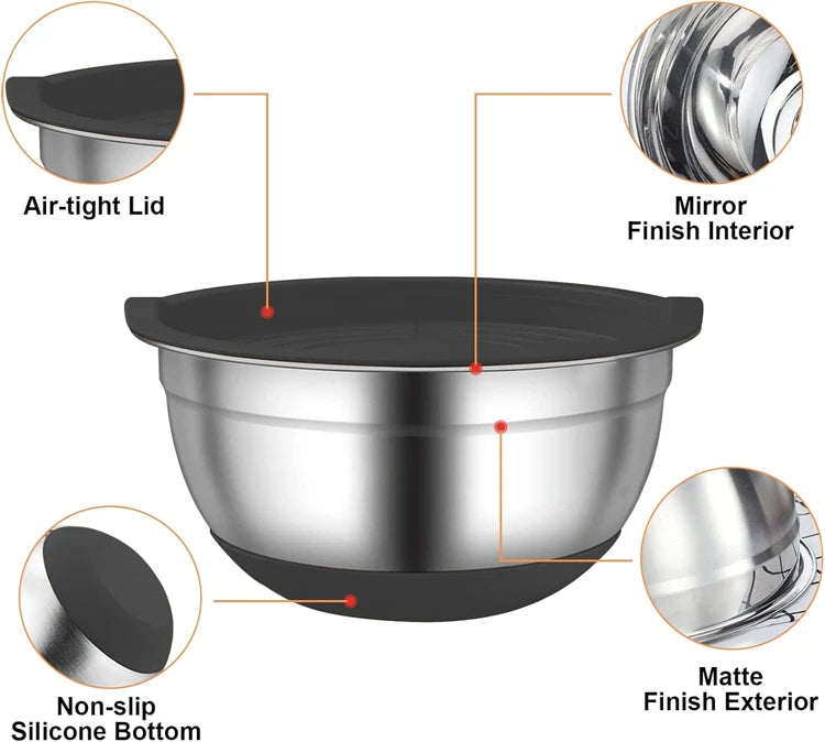 LMETJMA 6 Pcs Stainless Steel Mixing Bowls with Black Lids Kitchen Nesting Salad Mixing Bowl With Non-slip Silicone Bottom JT327