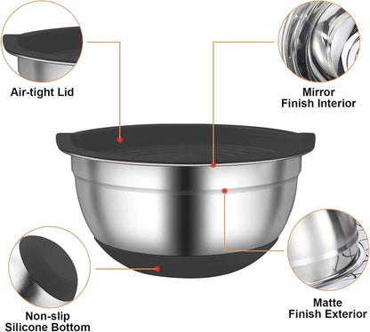 LMETJMA 6 Pcs Stainless Steel Mixing Bowls with Black Lids Kitchen Nesting Salad Mixing Bowl With Non-slip Silicone Bottom JT327