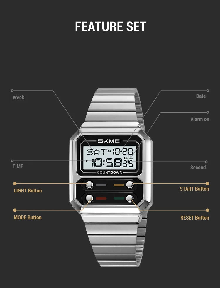 SKMEI 2448 Fashion Men Electronic Watch Vintage Business Luminous Calendar Waterproof Steel Strap Casual Digital Watches for Man