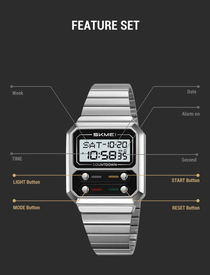 SKMEI 2448 Fashion Men Electronic Watch Vintage Business Luminous Calendar Waterproof Steel Strap Casual Digital Watches for Man