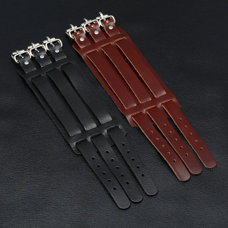 KOTik 2024 New Fashion Genuine Leather Wide Cuff Bangles Punk Vintage Three Layers Wide Black Brown Men Jewelry Bracelets