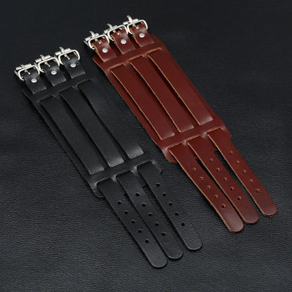 KOTik 2024 New Fashion Genuine Leather Wide Cuff Bangles Punk Vintage Three Layers Wide Black Brown Men Jewelry Bracelets