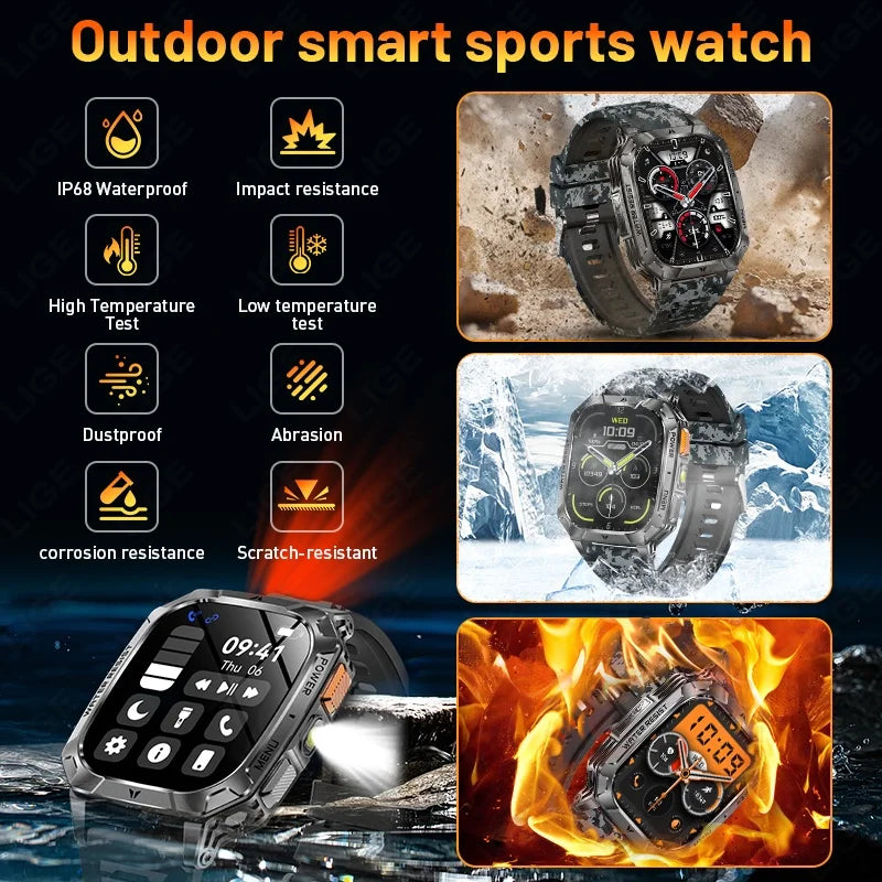 LIGE Military 1400mAh Smart Watch For Men 2.01" HD Screen Waterproof 100+Sports Mode LED Flashlight Smartwatch For Android iOS