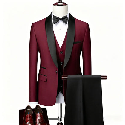 ( Jacket + Vest + Pants ) Men's 3 Piece Tuxedo Suit Set, Beige Blazer with Black Shawl Lapel for Wedding, Groom, Formal Party