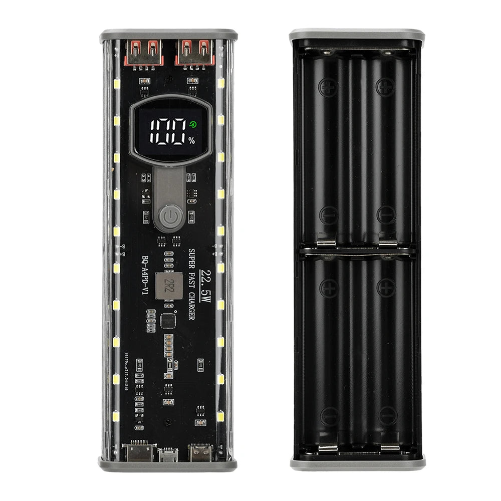 4*21700 DIY Power Bank Case PD22.5W Transparent Quick Charge Battery Box LED Screen Battery Case Kit With Light For Huawei