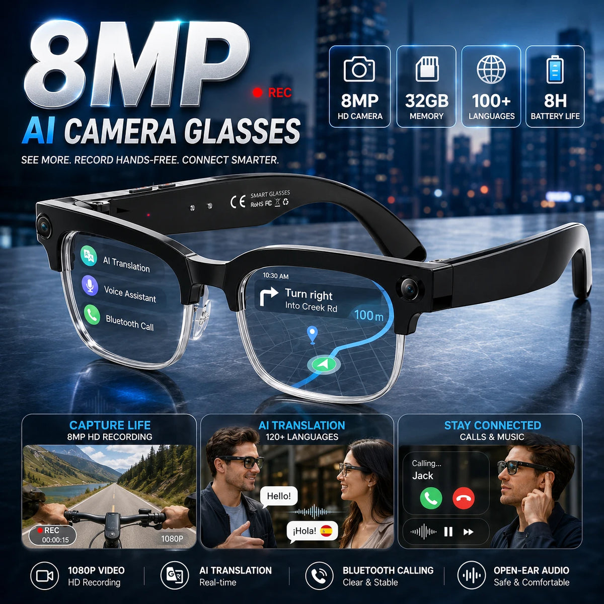 2026 Newest 8MP AI Smart Glasses 1080P HD Camera Video Recording 32GB 120+ Languages Translation Bluetooth Call Music Sunglasses