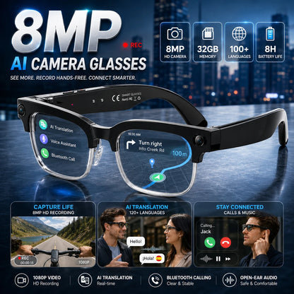 2026 Newest 8MP AI Smart Glasses 1080P HD Camera Video Recording 32GB 120+ Languages Translation Bluetooth Call Music Sunglasses