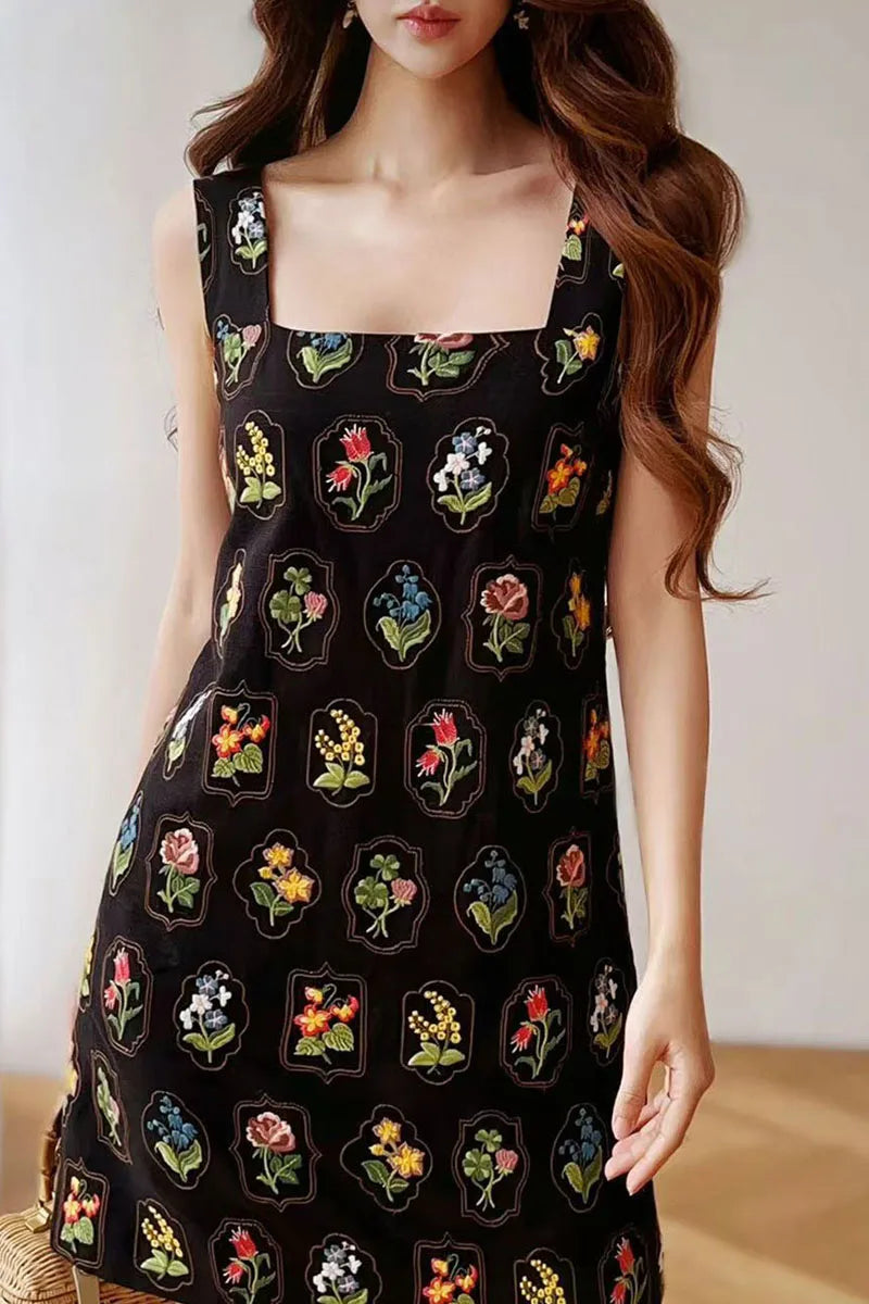 Summer Embroidery Spaghetti Strap Dress Women's Dress Square Collar Sundress Knee-Length A-LineSkirt Y2K 2025 DABUWAWA DM2BDX003