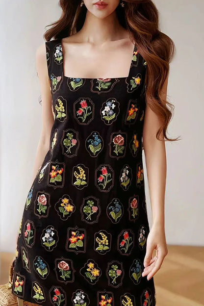 Summer Embroidery Spaghetti Strap Dress Women's Dress Square Collar Sundress Knee-Length A-LineSkirt Y2K 2025 DABUWAWA DM2BDX003