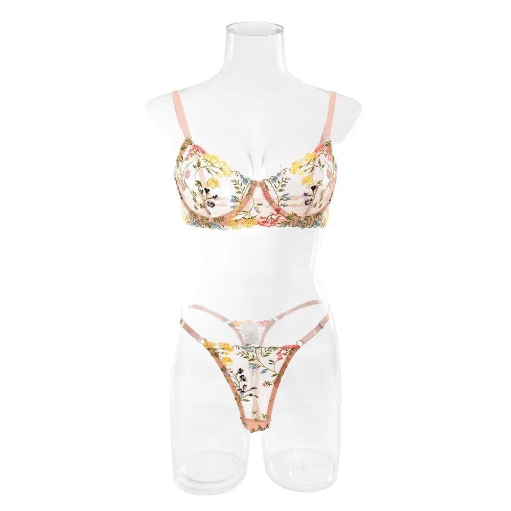 2-Piece Floral Lingerie Set Sheer Embroidery Underwear Intimates Underwire Push-up Versatile Bra Panty Set For Lady Girl