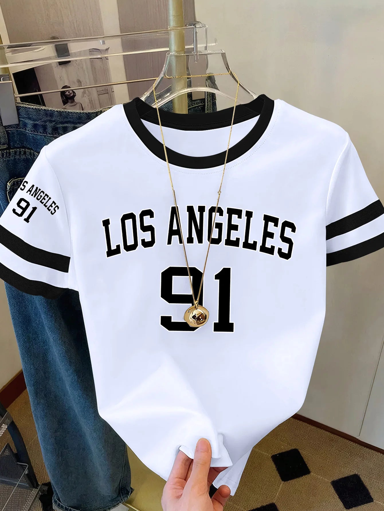 Summer Women's Los Angeles NO.91 Print Round Neck Short Sleeve T-Shirt Summer Graphic Te Jerseys Plus Size Sport T-Shirt Tops