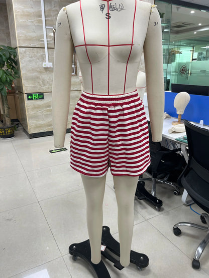 Combhasaki Women 2Piece Striped Y2k Outfits Set Casual Long Sleeve Crew Neck Shirt Tops+Elastic Waist Wide Leg Shorts Tracksuits