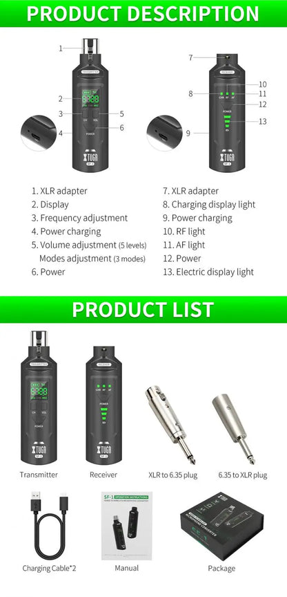 XTUGA UHF Professional Microphone Wireless Converter XLR Recharge Transmitter Receiver for Dynamic/Condenser Mic Audio Mixer