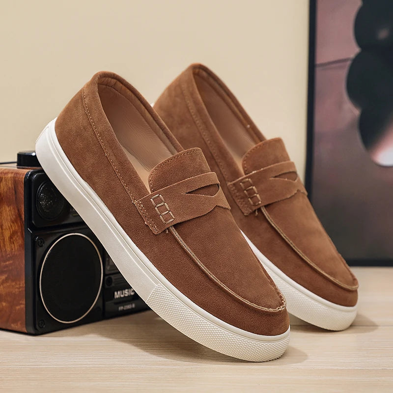 Suede Leather Men Loafers Fashion Comfortable Casual Shoes Breathable Slip on Walking Shoes Platform Lightweight Work Shoes
