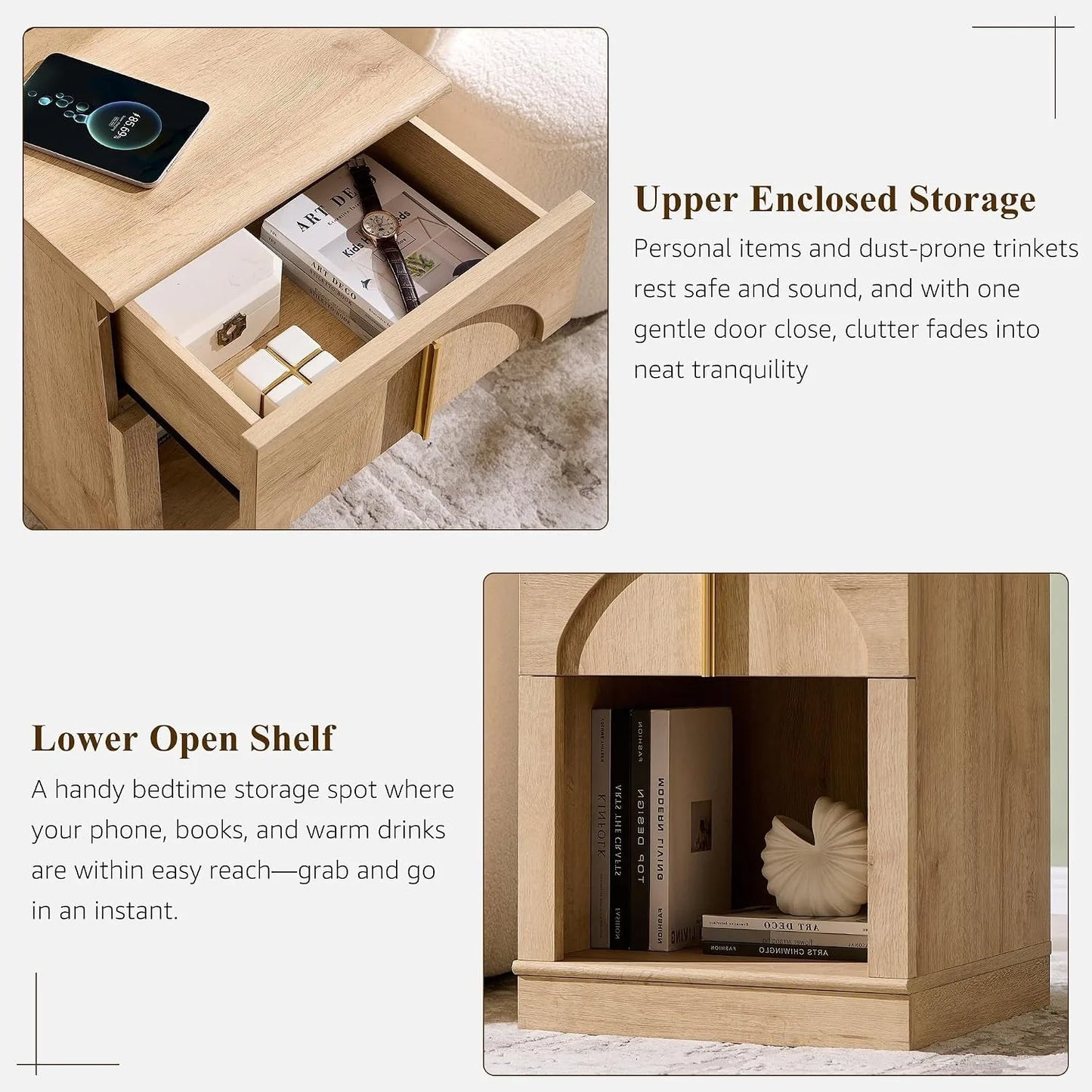 18Inch Modern Natural Oak Nightstand With Arched Panel Charging Station & Drawer Bedroom Bedside Side End Table, Customized