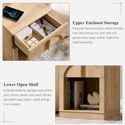 18Inch Modern Natural Oak Nightstand With Arched Panel Charging Station & Drawer Bedroom Bedside Side End Table, Customized