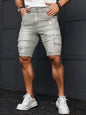 Men's Summer Denim Shorts. Light Gray Ripped Denim Shorts. Ripped and Frayed Design. Street Trend and Casual Style