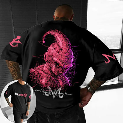 2026 Summer Dragon Ball Oversized T-shirt High Quality 100% Cotton Kid Goku with Power Pole Line Art Print UnisexCasual Y2K