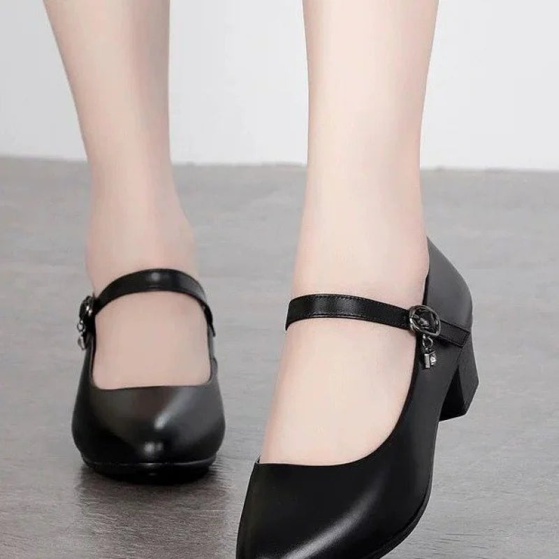 2025 New Women's Medium Heel Pumps - Soft Leather Non-Slip with Adjustable Buckle, Comfortable for Daily & Casual Wear
