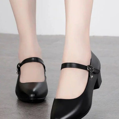 2025 New Women's Medium Heel Pumps - Soft Leather Non-Slip with Adjustable Buckle, Comfortable for Daily & Casual Wear